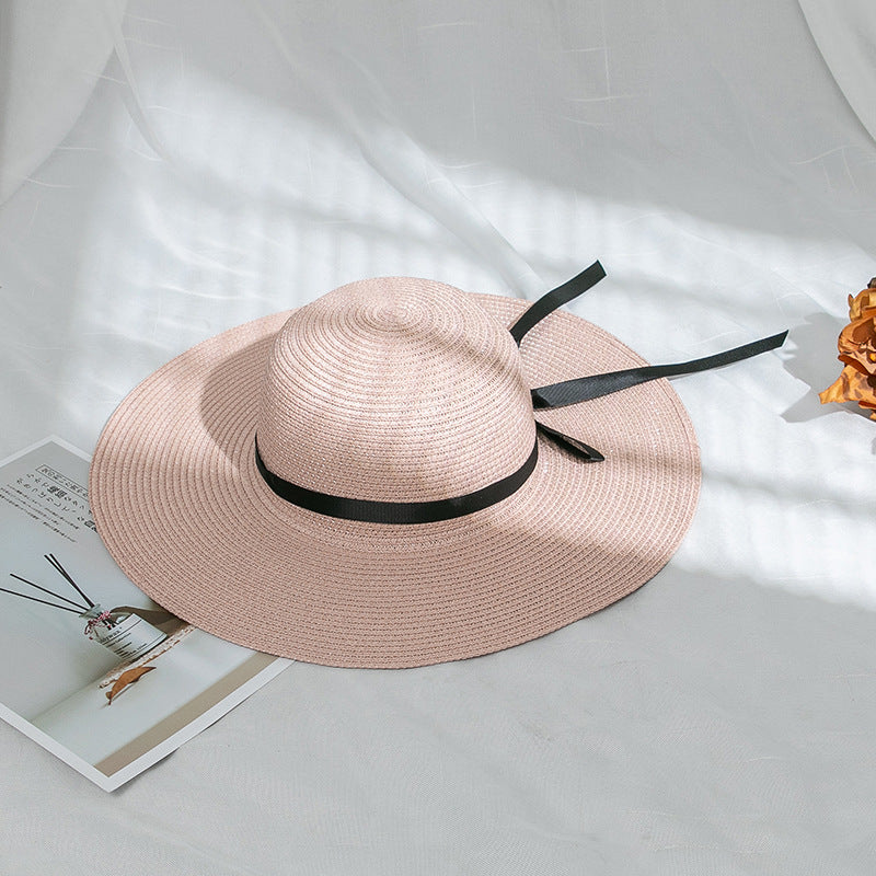 Wholesale of Large Eaved Bow Tie Satin Ribbon Straw Woven Hats